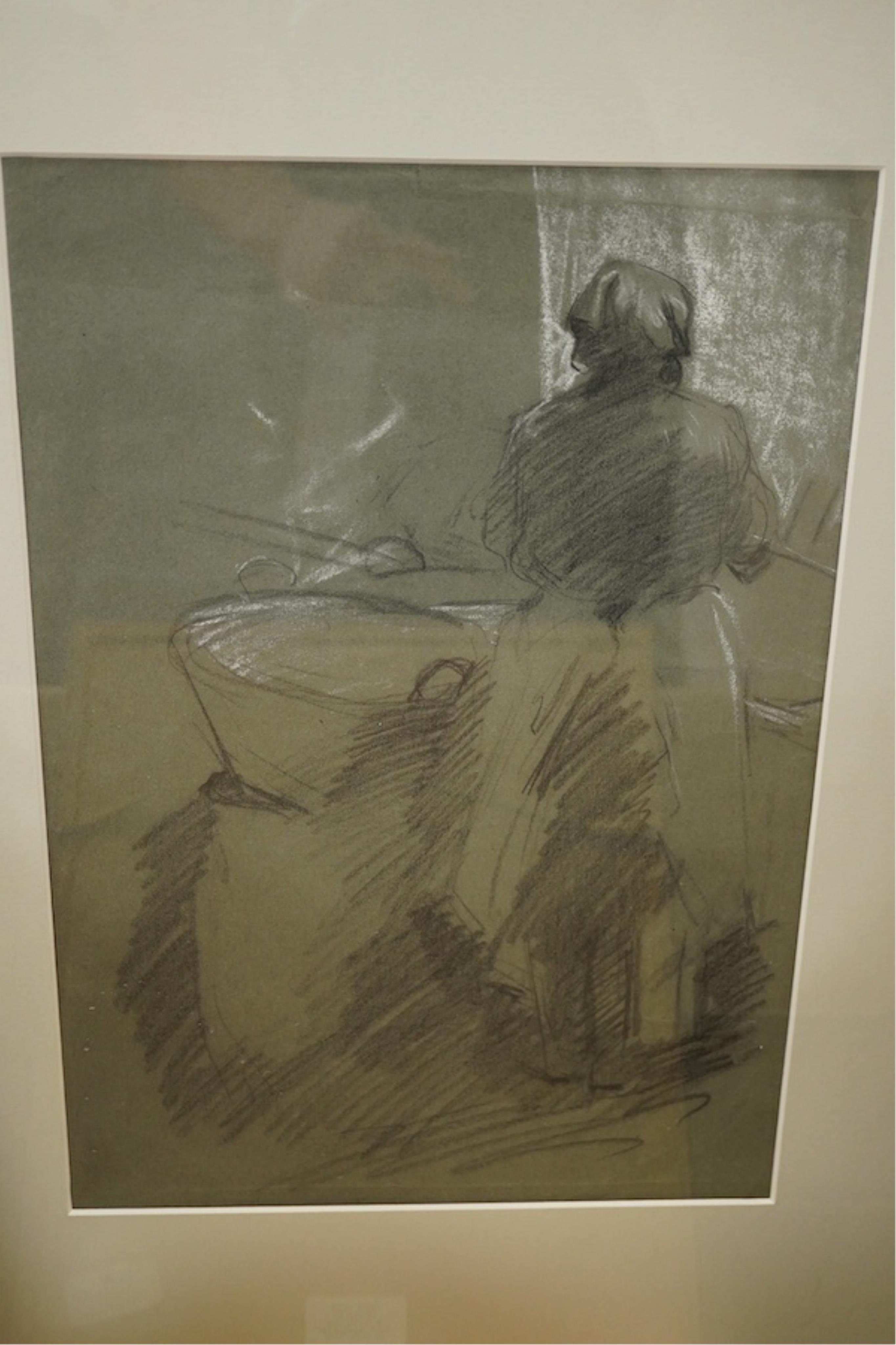 Three ink, pencil and charcoal portraits together with three etchings, three etchings to include Chiswick Mail and Strand on the Green, 35 x 24cm. Condition - fair, one glass cracked